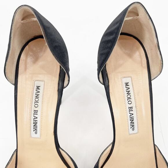 Manolo Blahnik y2k Black Satin Sedaraby Crystal D’Orsay Peep Toe Heels IT 39 - Picture 7 of 11